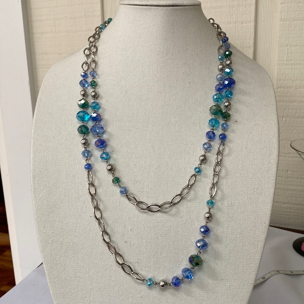 Gorgeous long blue green faceted glass bead statement necklace